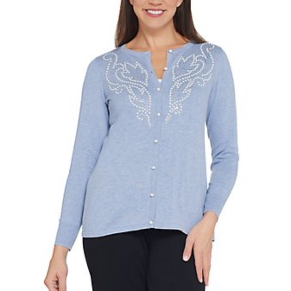 Lite Blue Scroll Design Pearl Embellished Cardigan - Picture 2 of 3